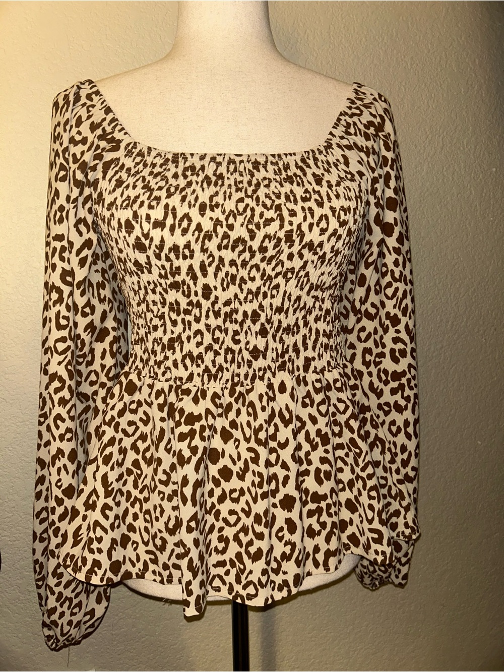 Smocked Square-Neck Leopard Print Peplum Blouse